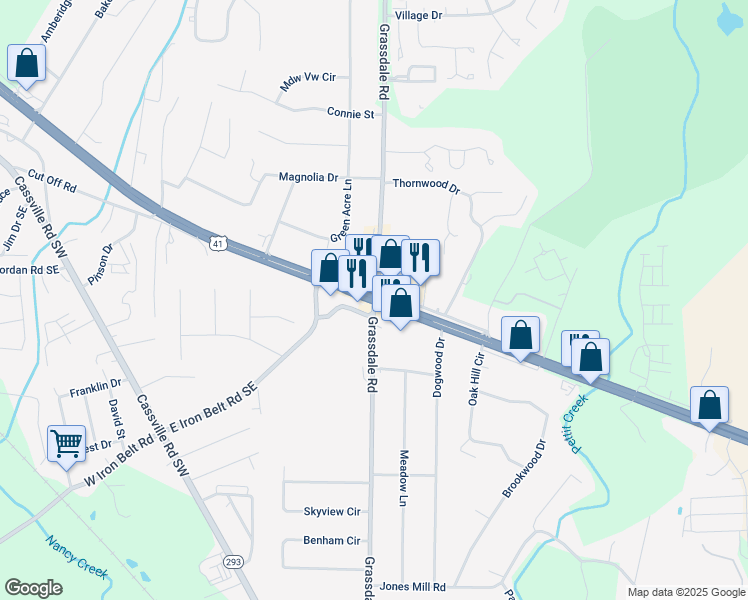map of restaurants, bars, coffee shops, grocery stores, and more near U.S. 41 & Grassdale Rd in Cartersville