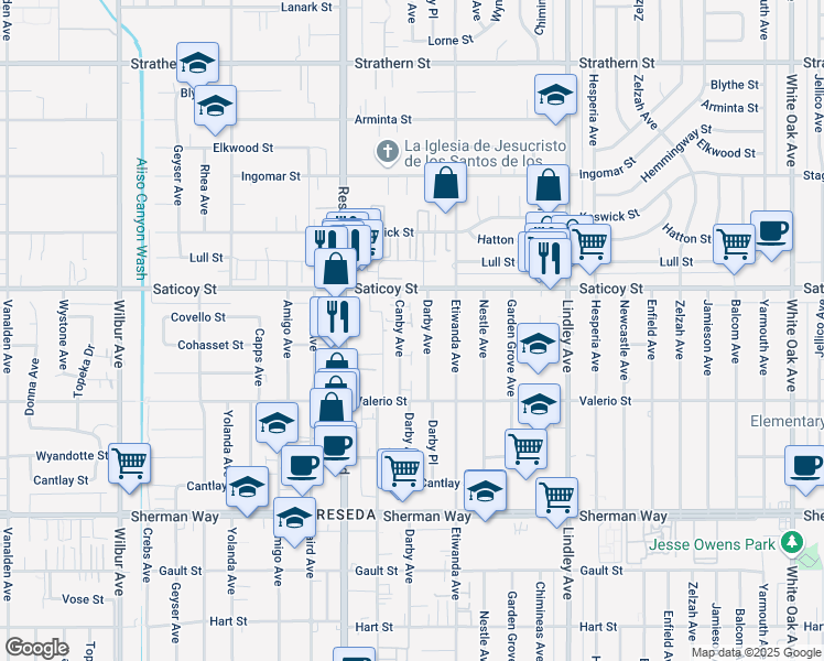 map of restaurants, bars, coffee shops, grocery stores, and more near 7537 Darby Avenue in Los Angeles