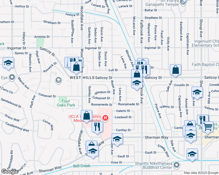 map of restaurants, bars, coffee shops, grocery stores, and more near 23019 Covello Street in Los Angeles