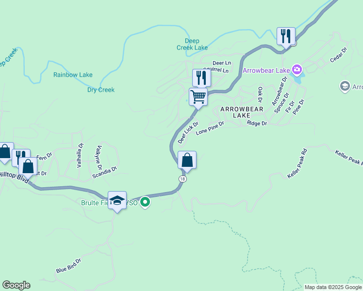 map of restaurants, bars, coffee shops, grocery stores, and more near 32825 Lone Pine Drive in Running Springs
