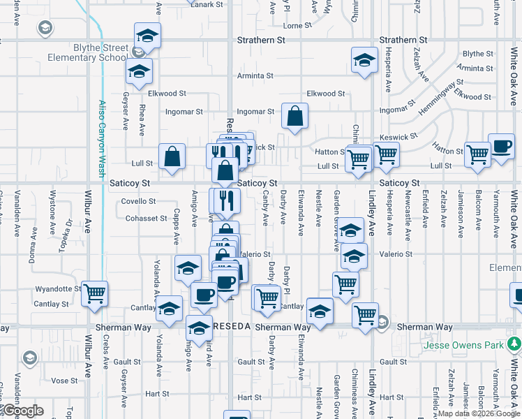 map of restaurants, bars, coffee shops, grocery stores, and more near 7515 Canby Avenue in Los Angeles