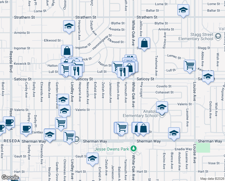 map of restaurants, bars, coffee shops, grocery stores, and more near 7533 Balcom Avenue in Los Angeles