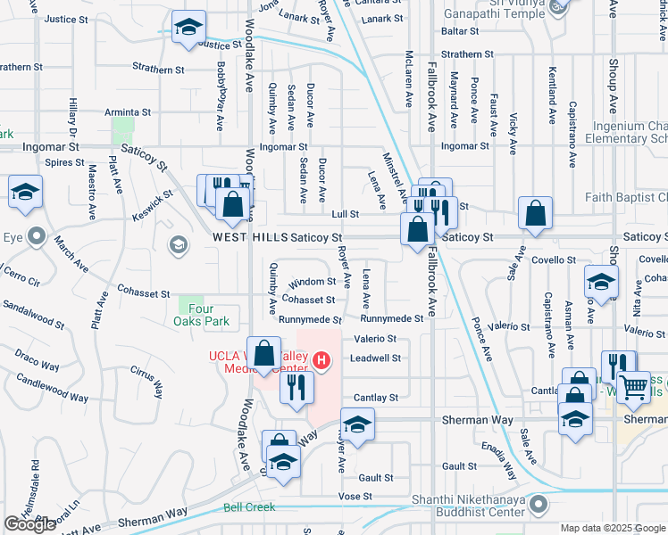 map of restaurants, bars, coffee shops, grocery stores, and more near 23019 Covello Street in Los Angeles