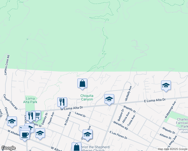map of restaurants, bars, coffee shops, grocery stores, and more near 3696 Chaney Trail in Altadena