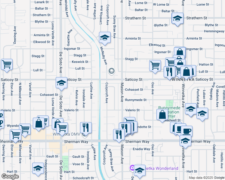 map of restaurants, bars, coffee shops, grocery stores, and more near 7521 Sunny Brae Avenue in Los Angeles