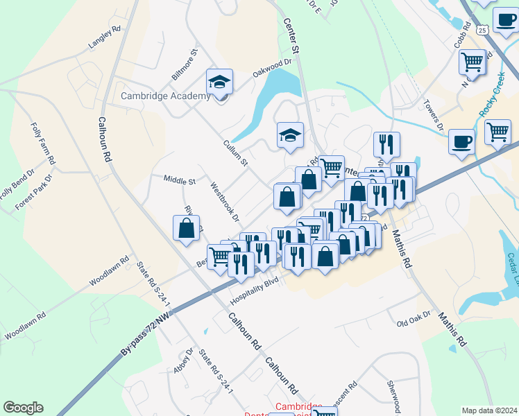 map of restaurants, bars, coffee shops, grocery stores, and more near 123 Leslie Drive in Greenwood