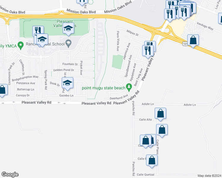 map of restaurants, bars, coffee shops, grocery stores, and more near 444 Fallen Leaf Avenue in Camarillo