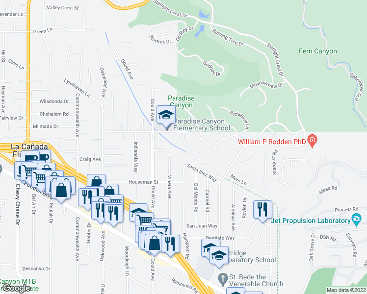 map of restaurants, bars, coffee shops, grocery stores, and more near 449 Oliveta Place in La Cañada Flintridge