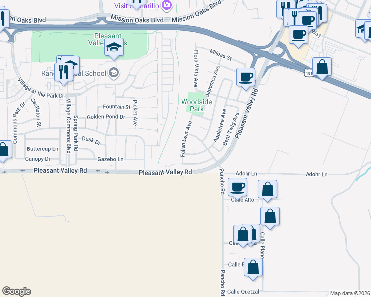 map of restaurants, bars, coffee shops, grocery stores, and more near 444 Fallen Leaf Avenue in Camarillo