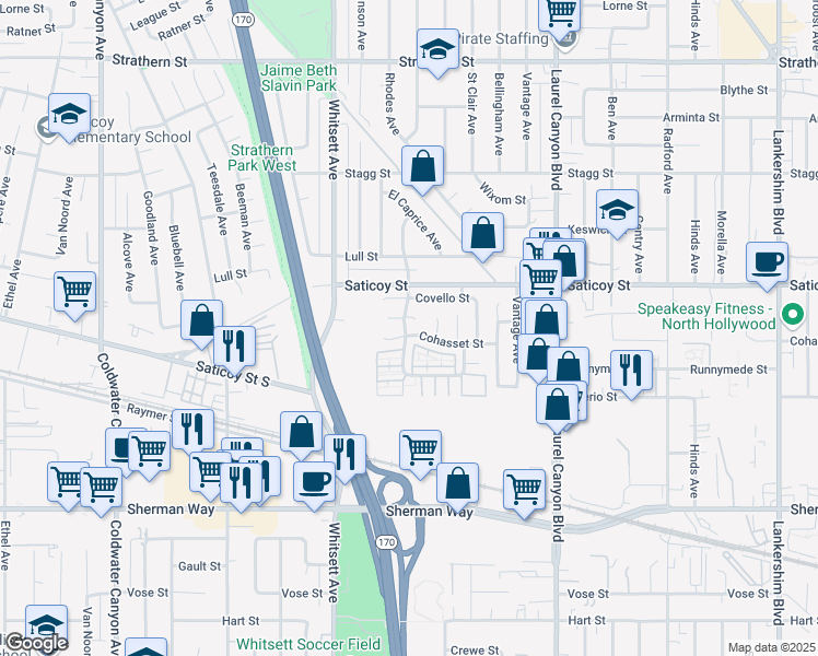 map of restaurants, bars, coffee shops, grocery stores, and more near 12345 Cohasset Street in Los Angeles