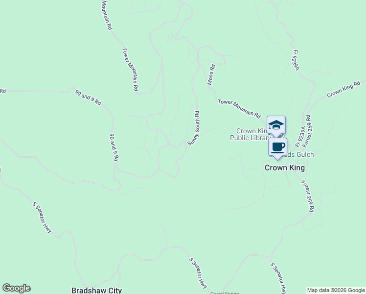 map of restaurants, bars, coffee shops, grocery stores, and more near 23576 Sunny South Road in Crown King