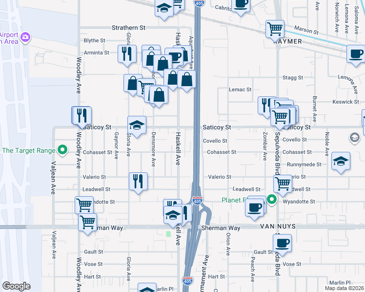 map of restaurants, bars, coffee shops, grocery stores, and more near 7524 Haskell Avenue in Los Angeles
