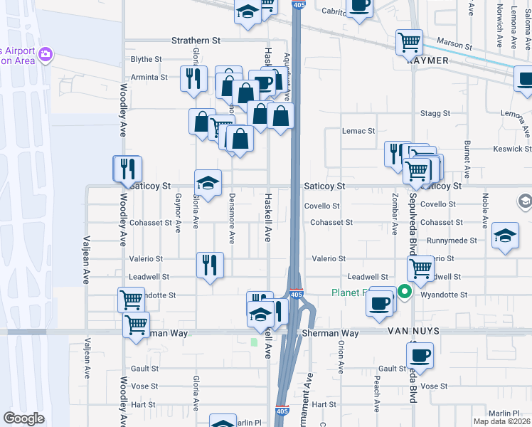 map of restaurants, bars, coffee shops, grocery stores, and more near 7524 Haskell Avenue in Los Angeles