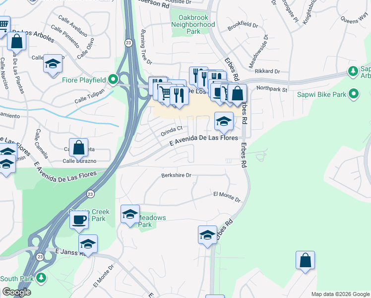map of restaurants, bars, coffee shops, grocery stores, and more near 1815 Aleppo Court in Thousand Oaks