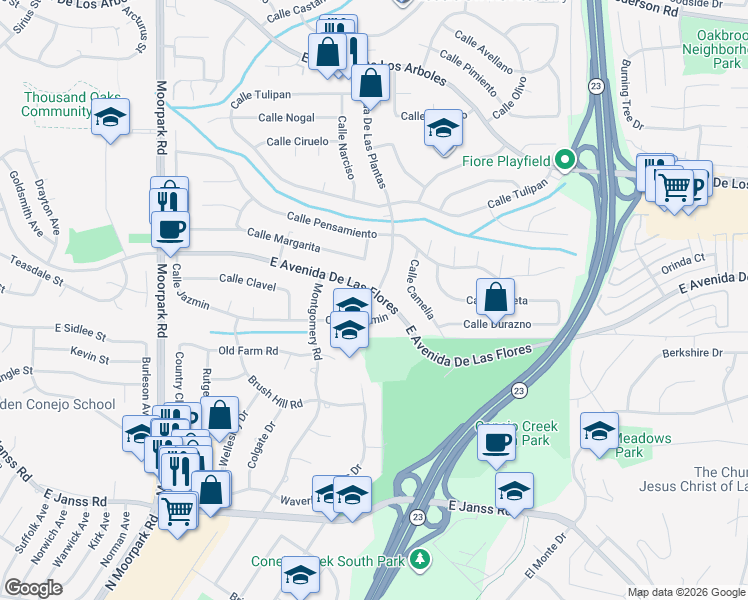 map of restaurants, bars, coffee shops, grocery stores, and more near 2220 Avenida De Las Plantas in Thousand Oaks