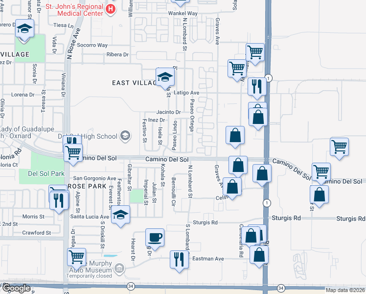 map of restaurants, bars, coffee shops, grocery stores, and more near 620 Paseo Margarita in Oxnard