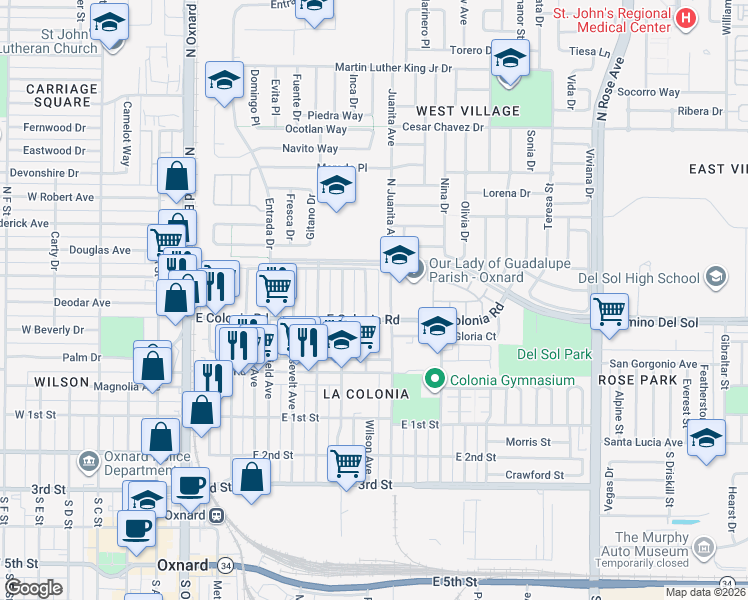 map of restaurants, bars, coffee shops, grocery stores, and more near 527 North Juanita Avenue in Oxnard