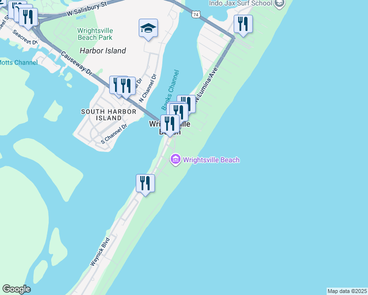 map of restaurants, bars, coffee shops, grocery stores, and more near 95 South Lumina Avenue in Wrightsville Beach
