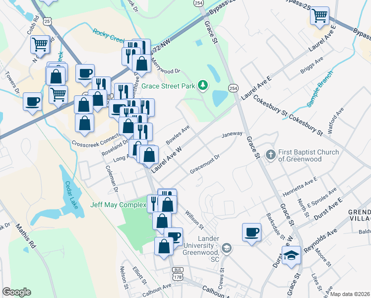 map of restaurants, bars, coffee shops, grocery stores, and more near 209 Laurel Avenue West in Greenwood