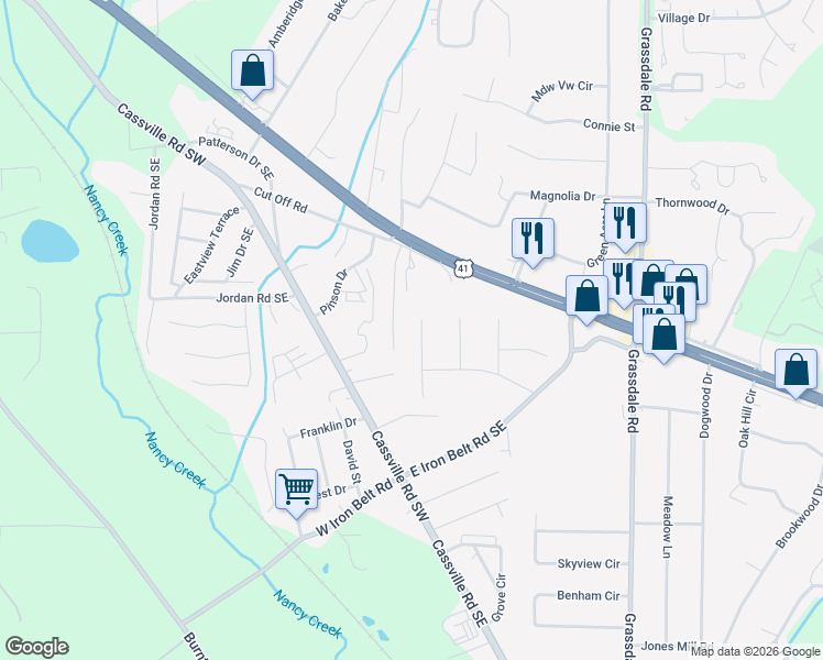 map of restaurants, bars, coffee shops, grocery stores, and more near 110 Westwood Drive Southeast in Cartersville
