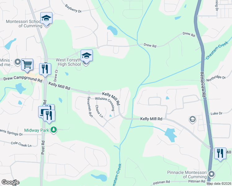 map of restaurants, bars, coffee shops, grocery stores, and more near 4814 Kelly Mill Road in Cumming