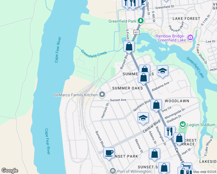 map of restaurants, bars, coffee shops, grocery stores, and more near 1895 Burnett Boulevard in Wilmington