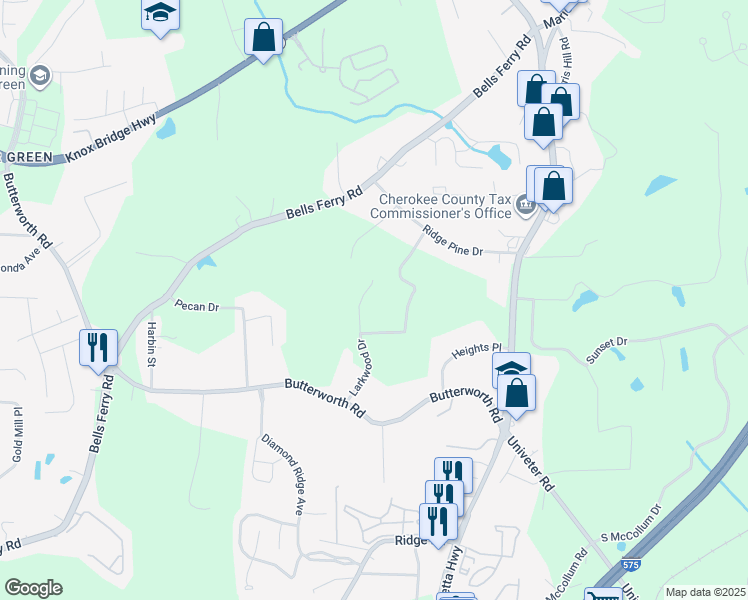 map of restaurants, bars, coffee shops, grocery stores, and more near 1590 Larkwood Drive in Canton