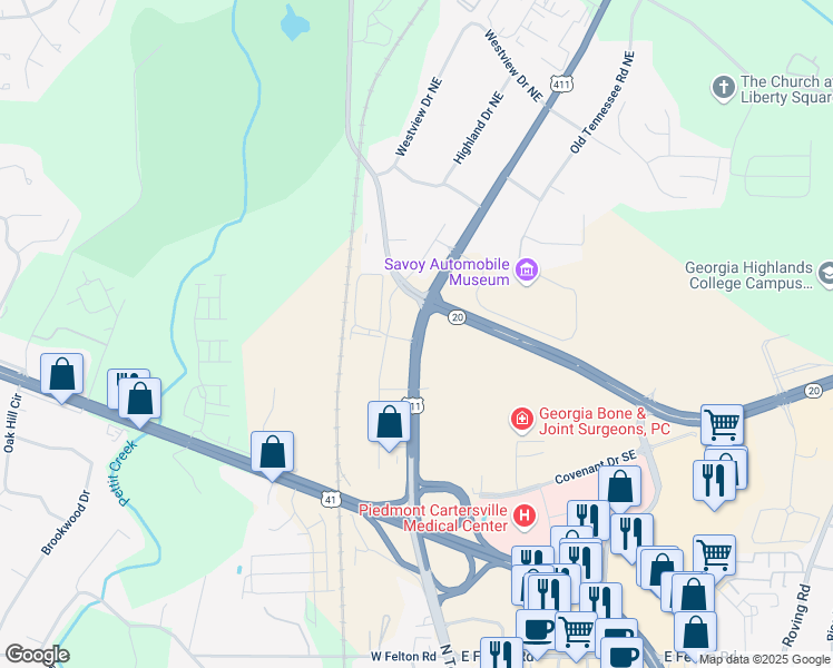 map of restaurants, bars, coffee shops, grocery stores, and more near 1385 Georgia 61 in Cartersville