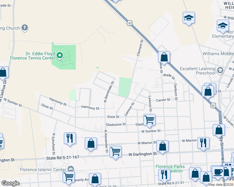 map of restaurants, bars, coffee shops, grocery stores, and more near 929 Ingram Street in Florence