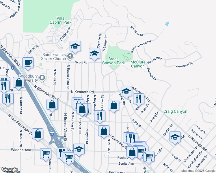 map of restaurants, bars, coffee shops, grocery stores, and more near 2623 North Parish Place in Burbank