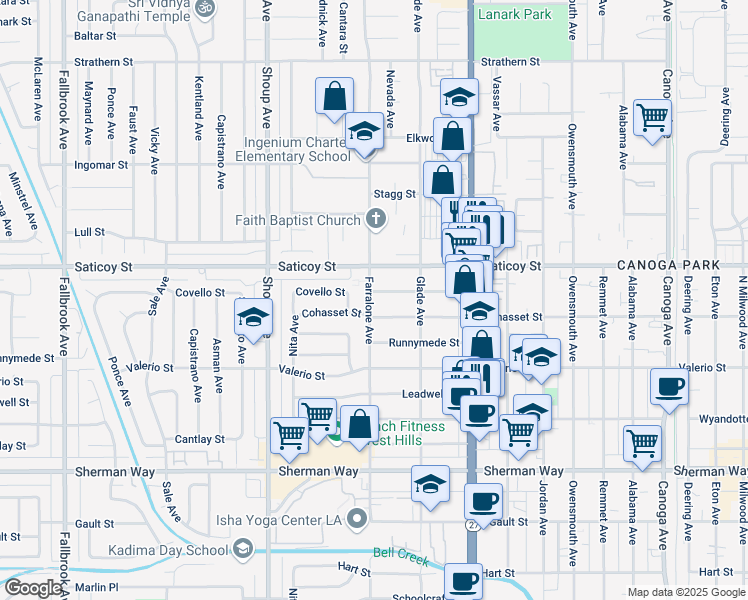 map of restaurants, bars, coffee shops, grocery stores, and more near 22139 Covello Street in Los Angeles