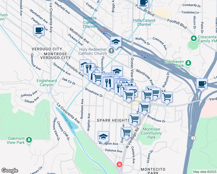 map of restaurants, bars, coffee shops, grocery stores, and more near 2429 Honolulu Avenue in Montrose
