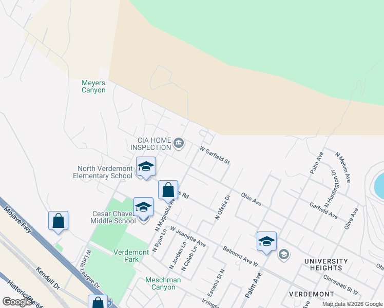 map of restaurants, bars, coffee shops, grocery stores, and more near 6950 Jasmine Court in San Bernardino