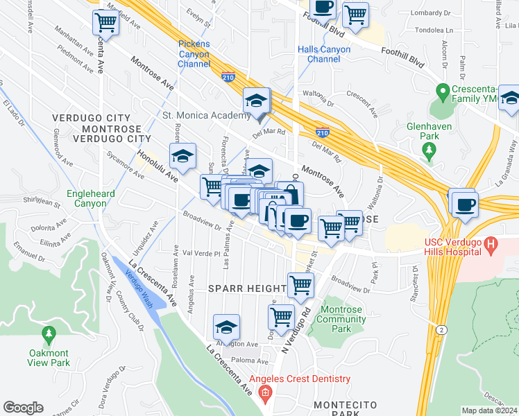 map of restaurants, bars, coffee shops, grocery stores, and more near 2361 Florencita Drive West in La Crescenta-Montrose