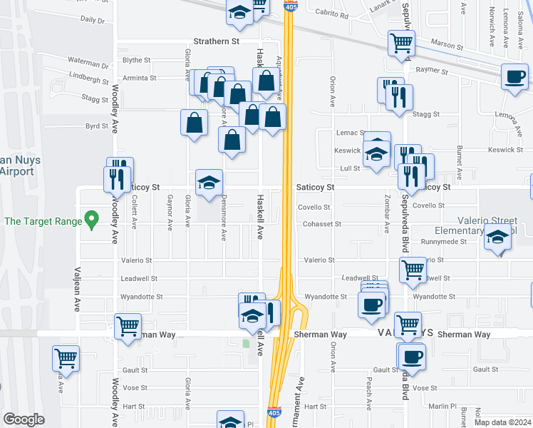 map of restaurants, bars, coffee shops, grocery stores, and more near 7524 Haskell Avenue in Los Angeles