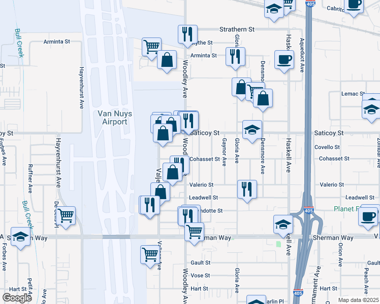 map of restaurants, bars, coffee shops, grocery stores, and more near 7526 Woodley Avenue in Los Angeles