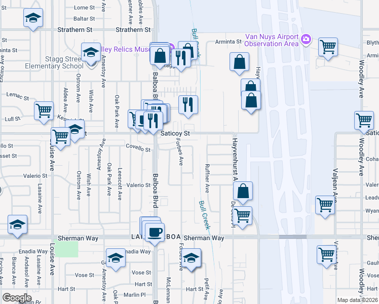 map of restaurants, bars, coffee shops, grocery stores, and more near 16757 Covello Street in Los Angeles