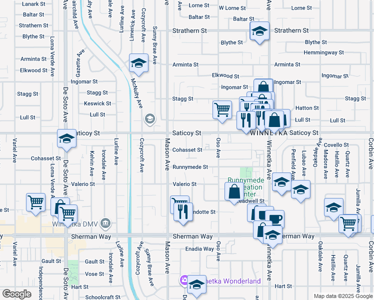map of restaurants, bars, coffee shops, grocery stores, and more near 20414 Saticoy Street in Los Angeles