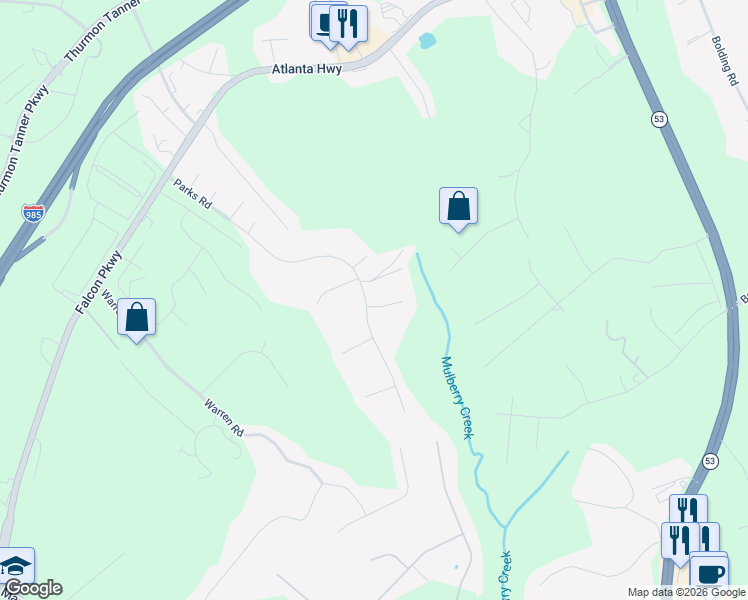 map of restaurants, bars, coffee shops, grocery stores, and more near 4011 Parks Road in Flowery Branch
