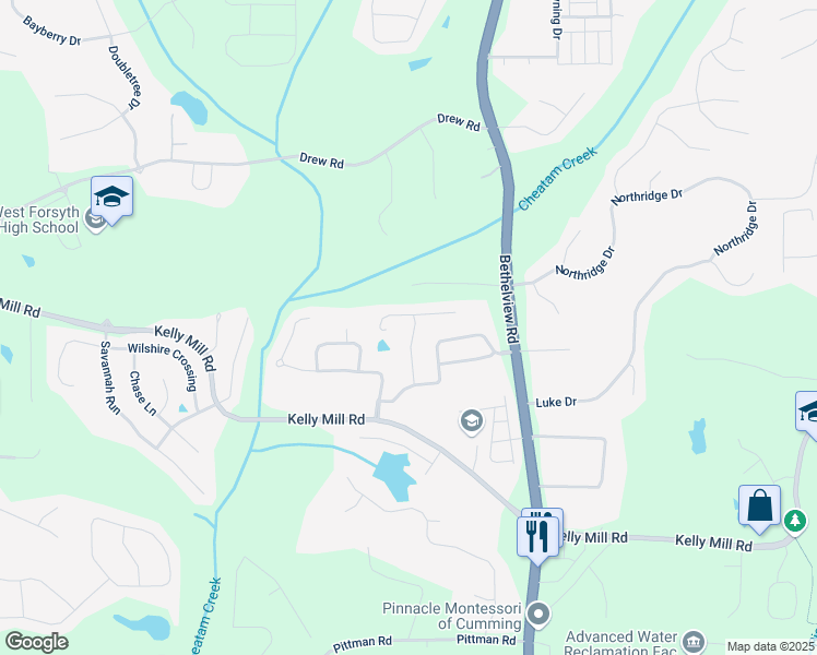 map of restaurants, bars, coffee shops, grocery stores, and more near 4465 Newhall Drive in Cumming