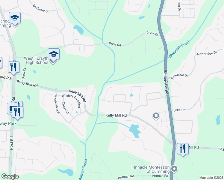 map of restaurants, bars, coffee shops, grocery stores, and more near 4860 Westgate Drive in Cumming