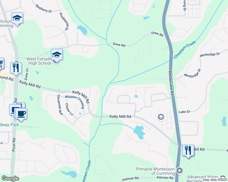 map of restaurants, bars, coffee shops, grocery stores, and more near 4830 Westgate Drive in Cumming