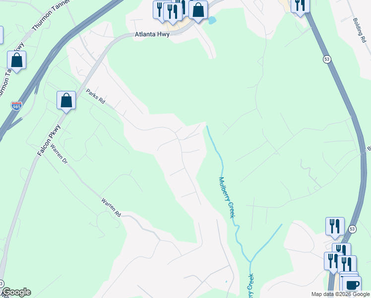 map of restaurants, bars, coffee shops, grocery stores, and more near 4011 Parks Rd in Flowery Branch