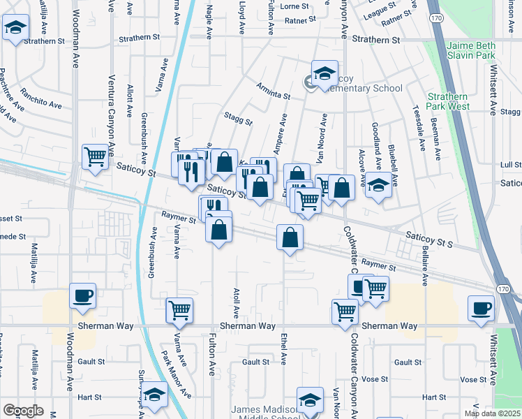 map of restaurants, bars, coffee shops, grocery stores, and more near 13120 Saticoy St in North Hollywood