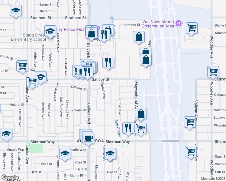 map of restaurants, bars, coffee shops, grocery stores, and more near 7516 Whitaker Avenue in Los Angeles