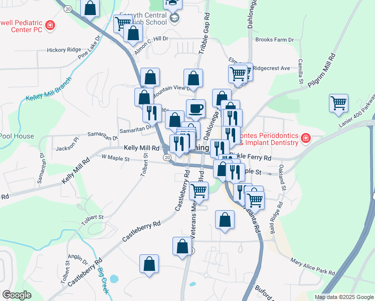 map of restaurants, bars, coffee shops, grocery stores, and more near 123 West Main Street in Cumming