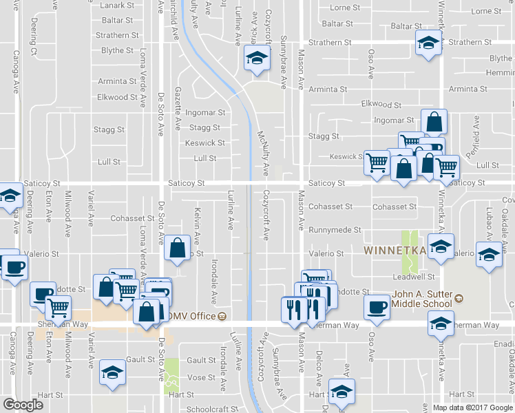 map of restaurants, bars, coffee shops, grocery stores, and more near 20612 Covello Street in Los Angeles