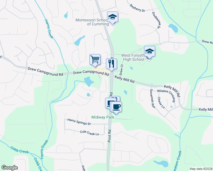 map of restaurants, bars, coffee shops, grocery stores, and more near 3640 Moor Pointe Drive in Cumming