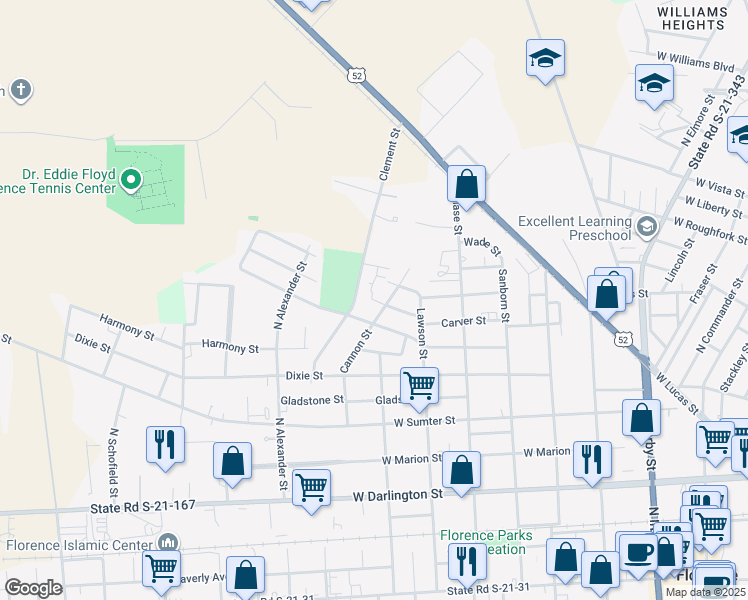 map of restaurants, bars, coffee shops, grocery stores, and more near 899 Carver Street in Florence