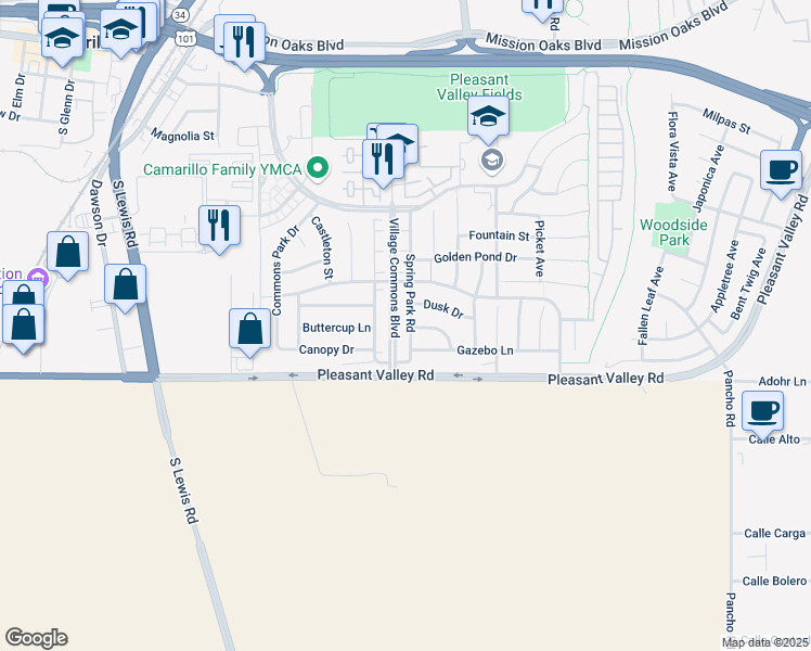 map of restaurants, bars, coffee shops, grocery stores, and more near 428 Village Commons Boulevard in Camarillo